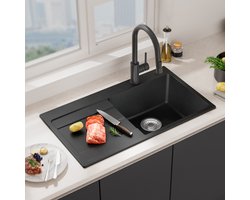 SOFETIY MAX Granieten Spoelbak 78x45CM - Spoelbakken Keuken Zwart - Spoelbak Met Planchet en Afdruiprek - Spoelbakken Incl. Sifon en Afvoerzeefje