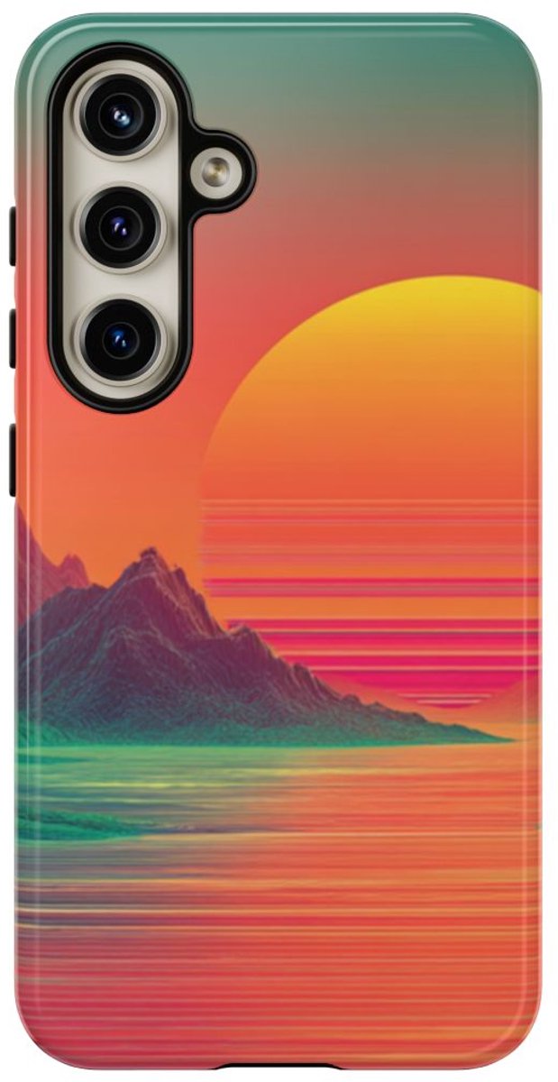 Neon Zonsondergang met Bergen en Zee – Telefoonhoesje Geschikt voor Samsung Galaxy S24