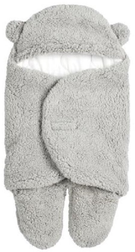 Habillage de poussette gris en polaire ours avec capuche et oreilles, fermeture auto-agrippante et pieds.