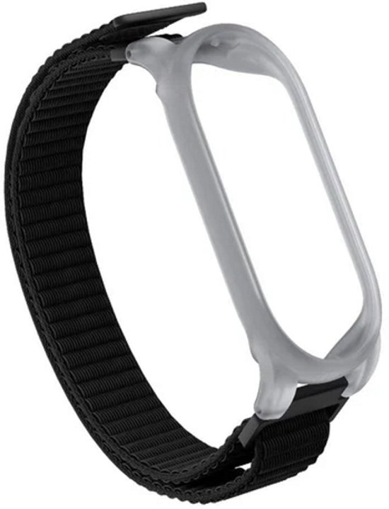 Zwarte geweven nylon polsband met een transparante houder voor een smartband.
