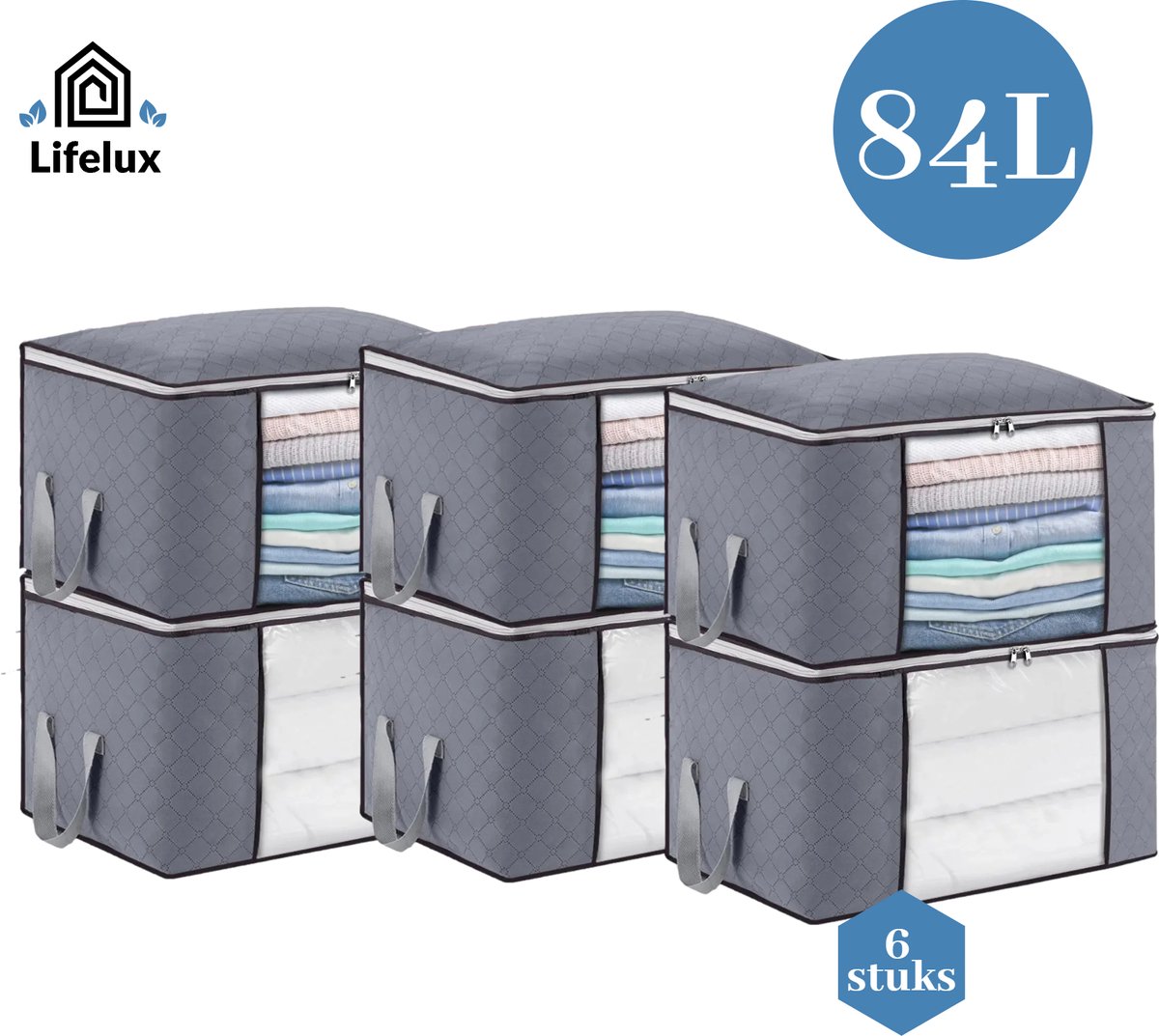 LifeLux XL Opbergzakken – Set van 6 stuks – 84L Katoenen Kastorganizers met Rits – Stapelbare Opbergboxen voor Kleding, Beddengoed en Meer
