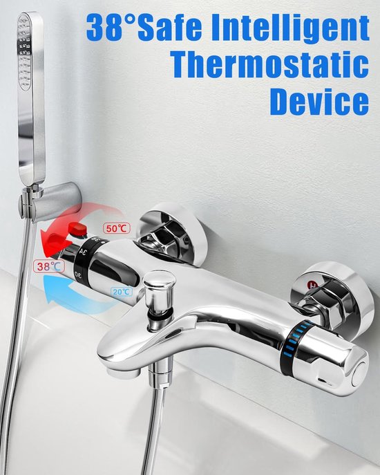 Chromen thermostaatkraan met douchekop. Weergave 38° veilige intelligente thermostatische apparaat.