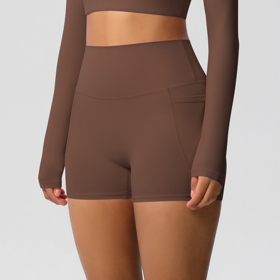 Gym Revolution - Korte Sportlegging dames - Sportbroek dames met zakje - Sportkleding dames - Yoga short dames - Hardloopbroek dames kort - High waist sportlegging - Fitness legging dames - Gym short dames - Bruin - Maat S van Gym Revolution — afbeelding 3