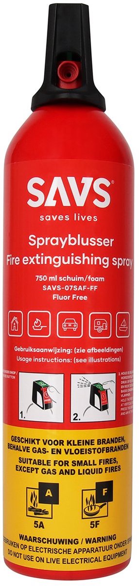 SAVS® Sprayblusser Vetblusser schuim 750 ml - 5A 5F - PFAS-Fluor vrij - Geschikt voor keuken, huis, auto, boot, caravan of camper - Brandblusser - Schuimblusser