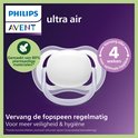 Philips Avent Ultra Air fopspeen, gemaakt van 80% plantaardige materialen. Vervang elke 4 weken voor optimale hygiëne.