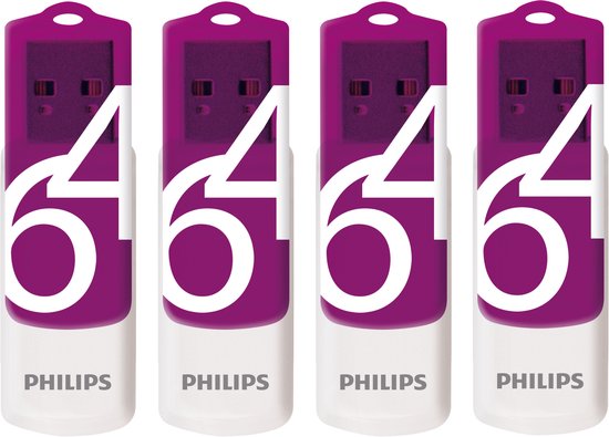 Clé USB Philips 64 Go - USB 2.0 - LED - Bouchon à 0 - Magic Purple Vivid Edition® - Lot de 4