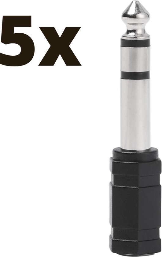 Audio Plug 5 STUKS - 6.35mm Jack (m) - 3.5mm Jack (v) Stereo AUX Audio Aux Adapter - Verloopstekker - 6.35 mm naar 3.5 mm - Mini jack naar jack - Verloopplug – Jackplug - Koppelstuk - Audio plug - metaal / verguld - Zwart5