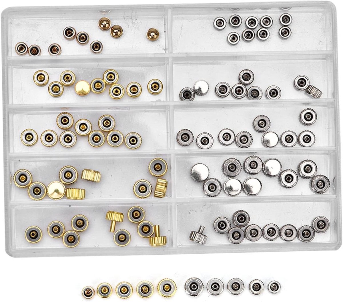 Horlogereparatieset met reserveonderdelen en gereedschap voor horloges.
