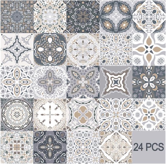 Ensemble de 24 carreaux de mosaïque avec différents motifs marocains gris, beige et blancs.