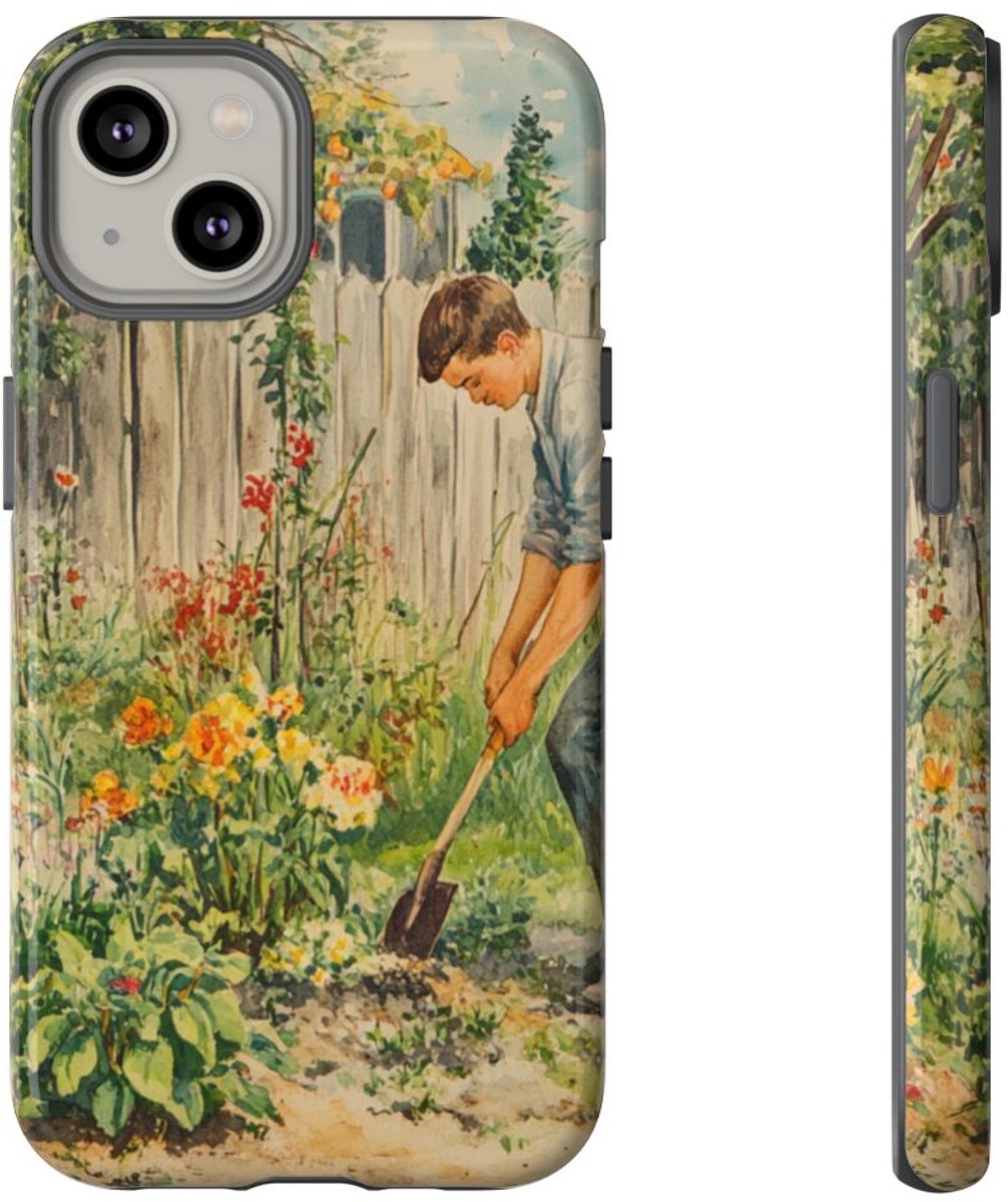 Jonge Man aan het Tuinieren tussen Bloemen – Telefoonhoesje Geschikt voor iPhone 14