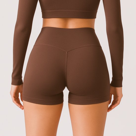 Gym Revolution - Korte Sportlegging dames - Sportbroek dames met zakje - Sportkleding dames - Yoga short dames - Hardloopbroek dames kort - High waist sportlegging - Fitness legging dames - Gym short dames - Bruin - Maat S van Gym Revolution — afbeelding 2
