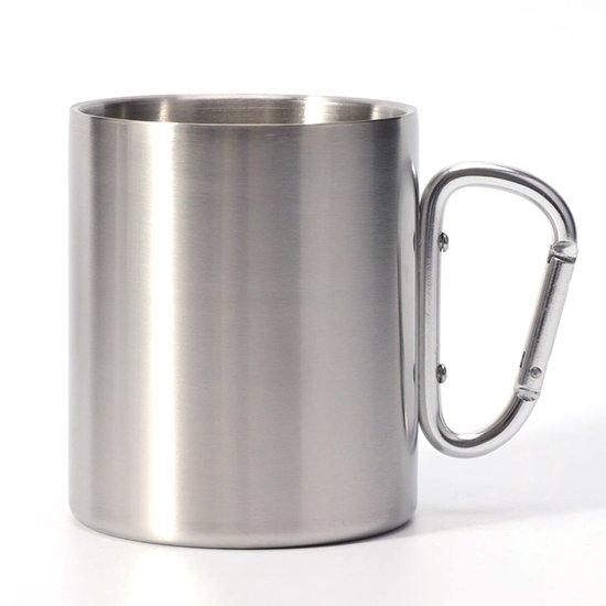 Mug Tovbmup - Mug en acier inoxydable - Mug de camping en Plein air - Avec mousqueton - Convient pour les boissons chaudes et froides - 300 ml
