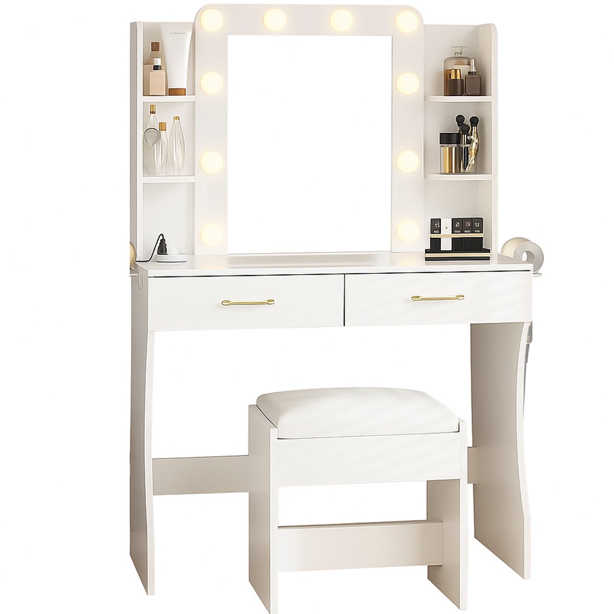 Kaptafel - Make Up Tafel - Inclusief Krukje - Met Spiegel en 10 LED Lampen - Met Stopcontacten & USB-poorten - 3 Lichtkleuren - 2 Laden en 4 Planken - Eenvoudige Montage - 140x85x40 cm - Voor Slaapkamer Kleedkamer - Wit
