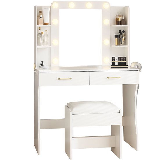 Coiffeuse - Table de maquillage - Tabouret inclus - Avec miroir et 10 Lampes LED - Avec Prises électriques et ports USB - 3 couleurs de lumière - 2 tiroirs et 4 Planches - Montage facile - 140 x 85 x 40 cm - Pour dressing de chambre - Wit