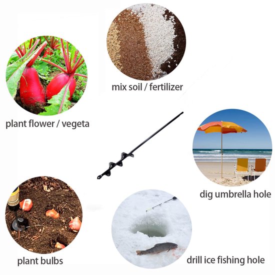 Applications de la tarière : plantation de fleurs/légumes, mélange de terre/engrais, plantation de bulbes, trous de parasol, perçage de trous de pêche sur glace.