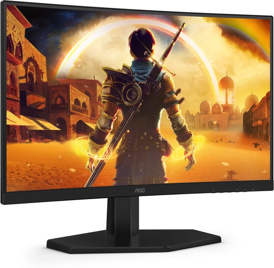 23,6" gebogen monitor met spelafbeelding, schuin van voren.
