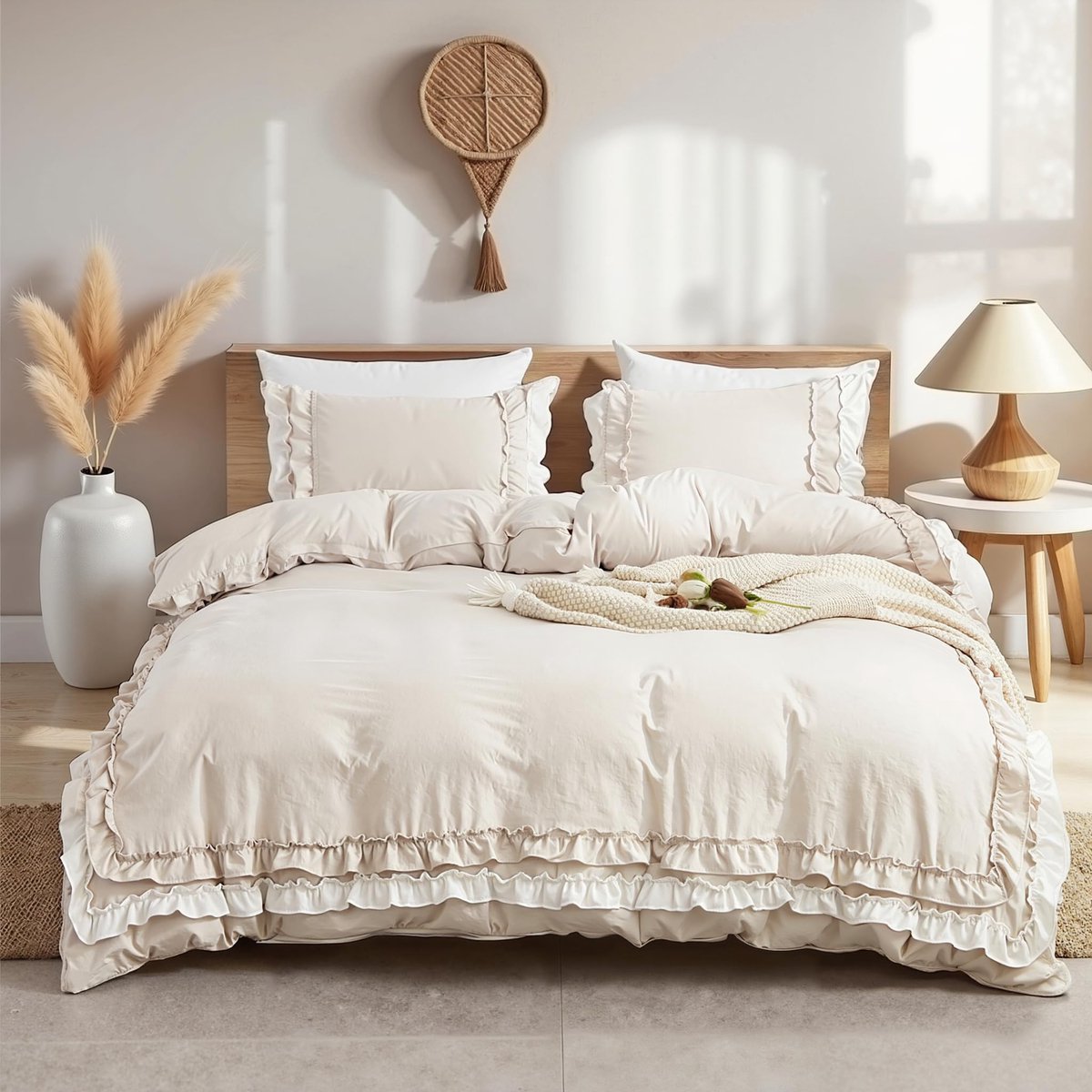 Unyqoos Beddengoed Set met Romantische Ruches en Ritssluiting in Beige, 220 x 240 cm, Inclusief Kussenslopen
