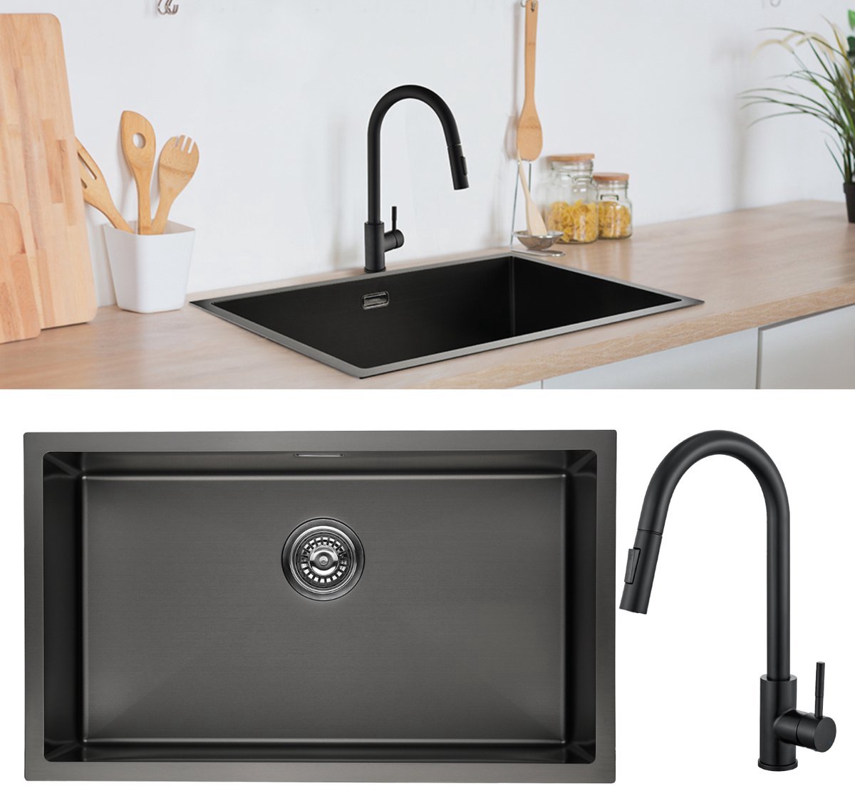 Lonheo max 74x44 Spoelbak Keuken - Met keukenkraan met uittrekbare uitloop - Onderbouwspoelbak in 304 RVS - Geborstelde Keuken Gootsteen - Spoelbak Met Afdruipgedeelte - Antraciet