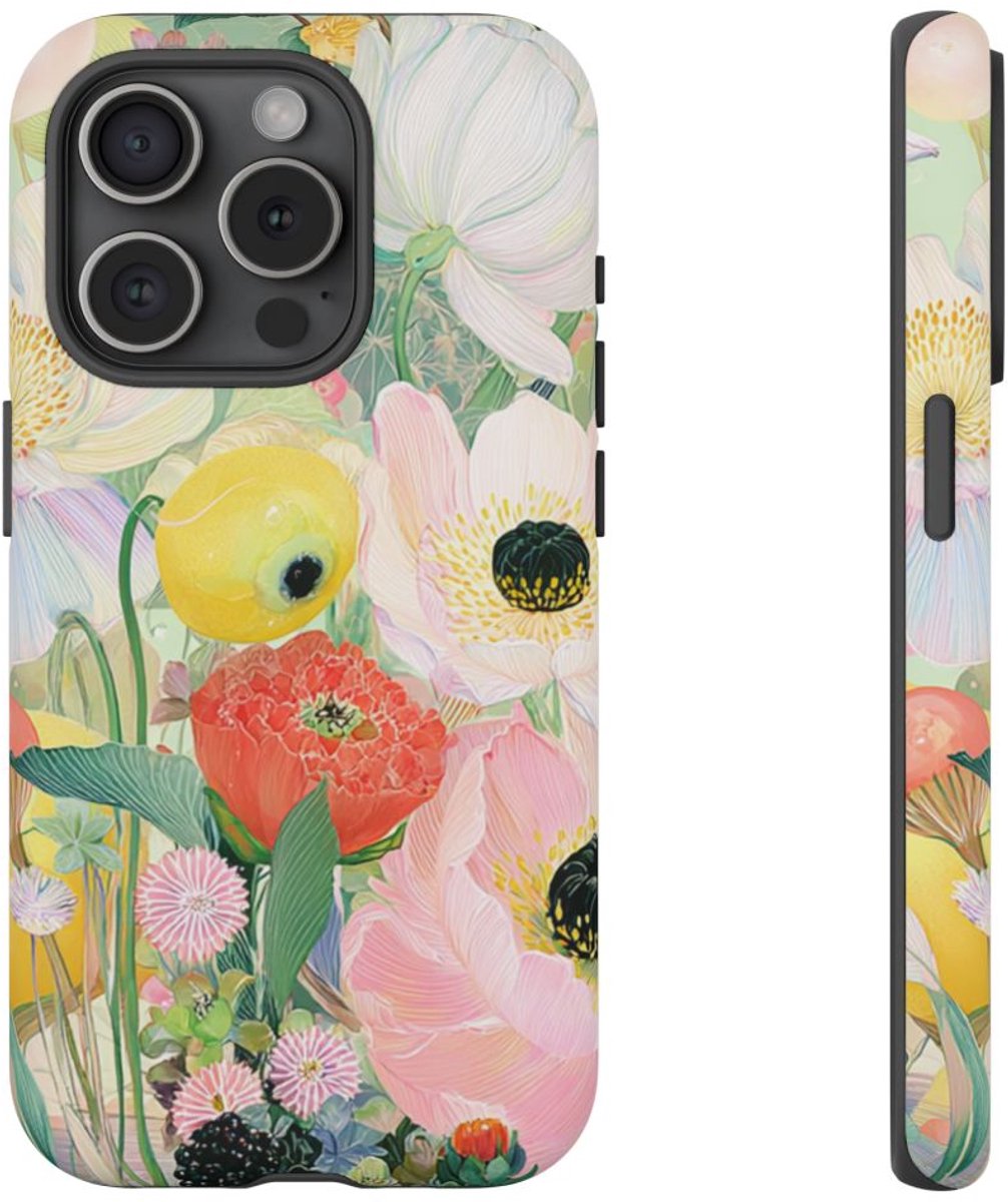 Lichte Pastelbloemen met Vogels – Telefoonhoesje Geschikt voor iPhone 15 Pro