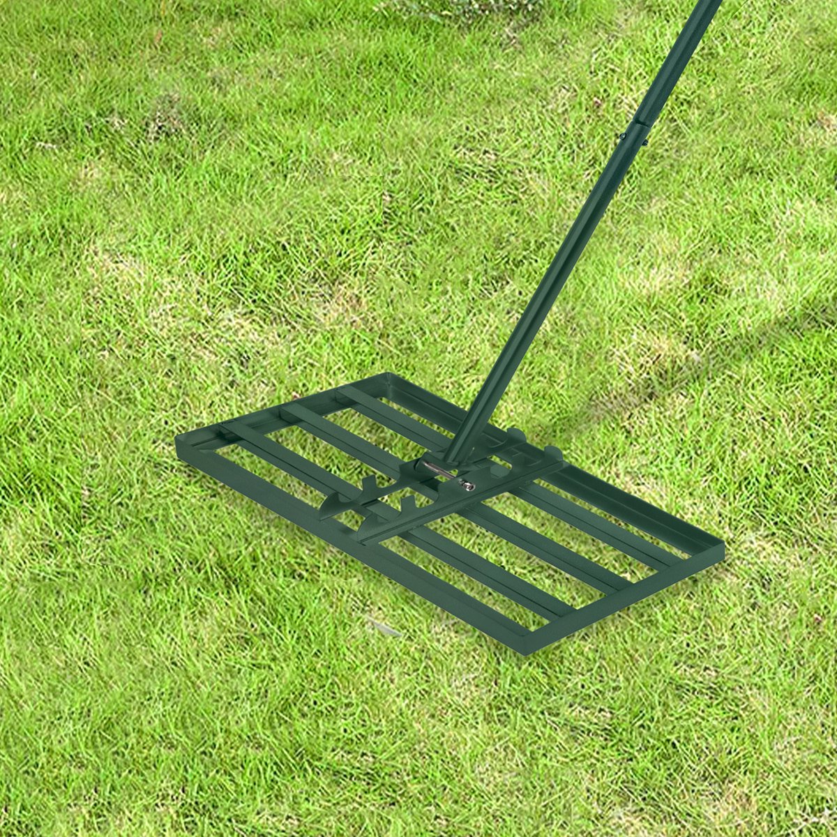 NAIZY Gazonhark Metalen gazonnivellerende hark met verstelbare handgreep Oppervlaktenivellerend gazonduwer Nivellerende hark Gazongereedschap voor golftuin Grasoppervlak 25x75cm, groen