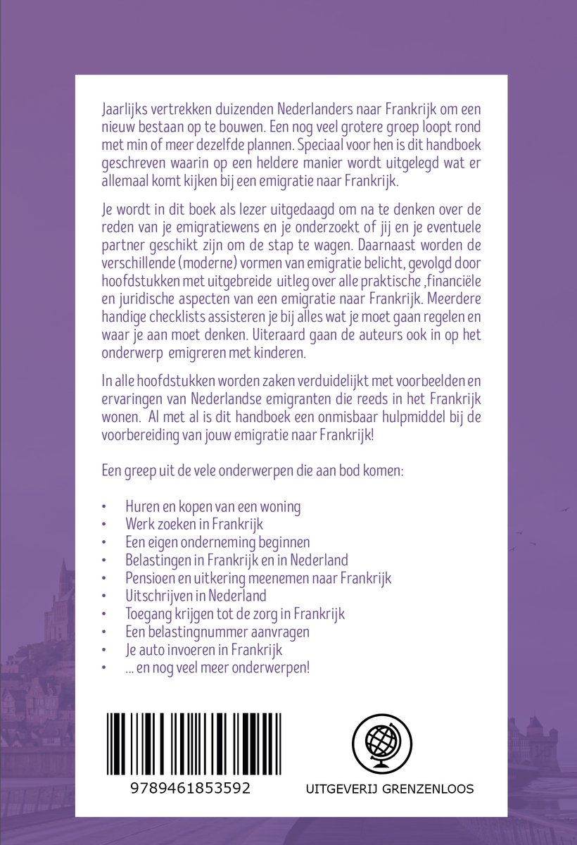 Boekomslag met tekst: Jaarlijks vertrekken duizenden Nederlanders naar Frankrijk. "Succesvol emigreren naar Frankrijk - Handboek".
Gebruik de QR-code om te kopen.