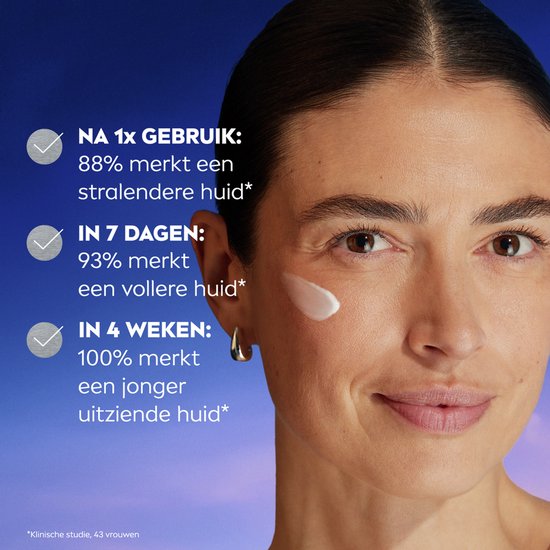 Close-up van een vrouw met een vleugje crème op haar wang. Tekst over huidverbetering na 1x gebruik, 7 dagen en 4 weken.