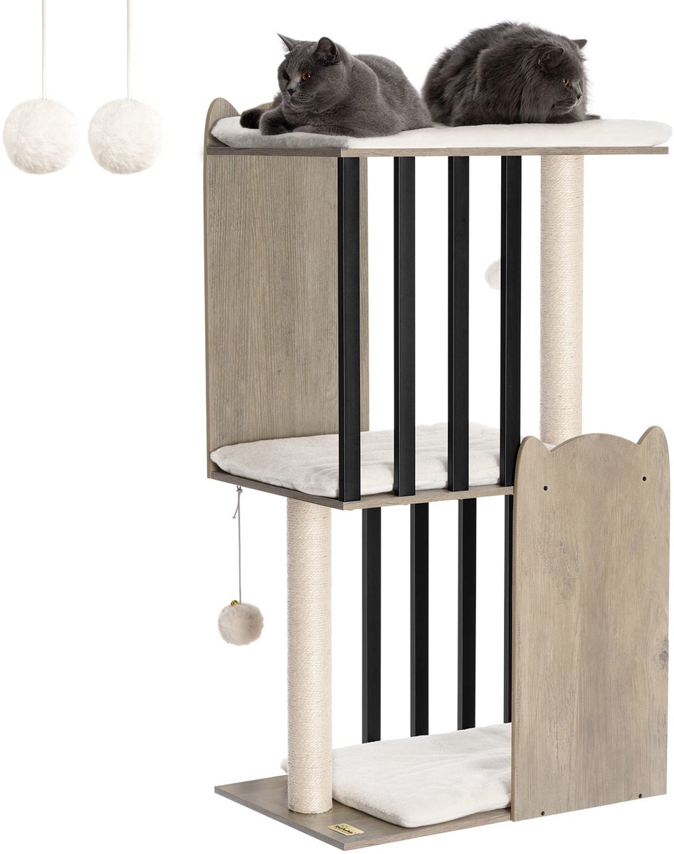 Ibenzoa® Grijze kattenboom met drie niveaus en luxe sisal krabzuilen voor kattenplezier