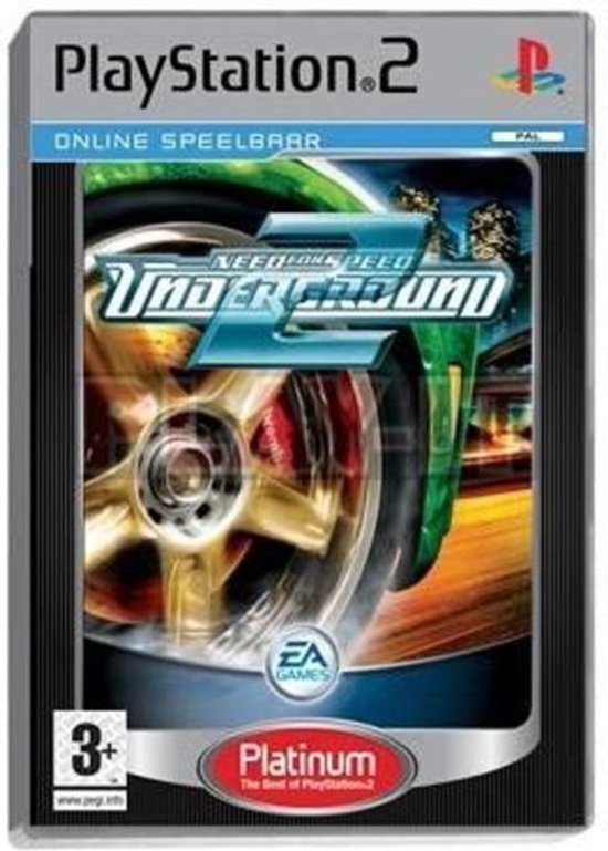 Couverture PlayStation 2 Need For Speed: Underground 2 Platinum Edition avec gros plan sur une jante dorée d'une voiture de sport verte.