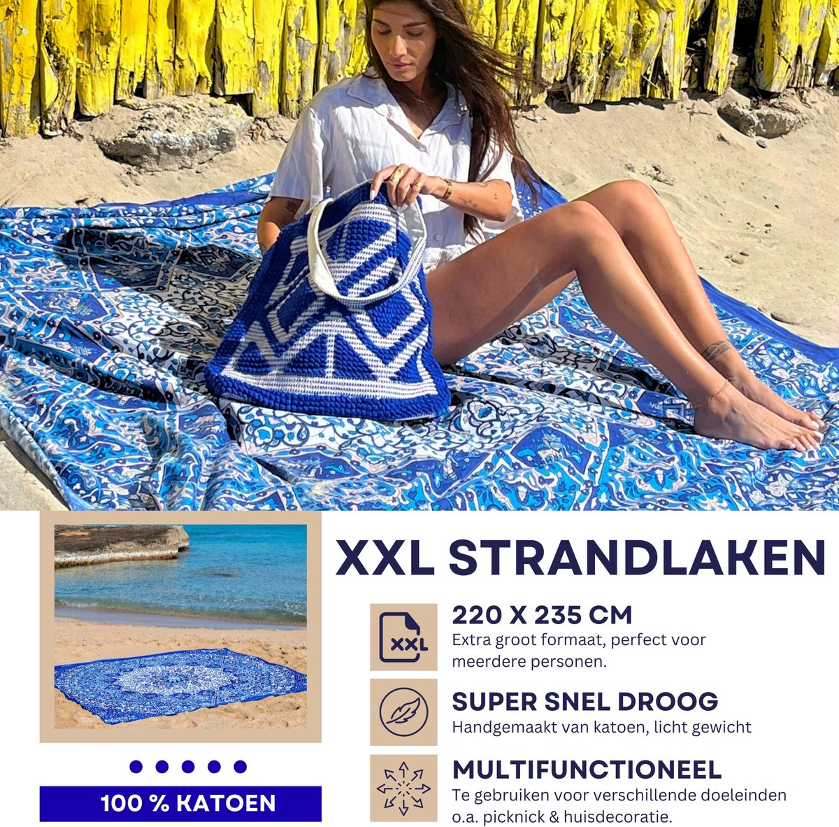 XXL Strandlaken 220 x 235 - Extra groot vakantie Strandkleed - Picknick Kleed- Lichtgewicht 100% Duurzaam Katoen - Blue Star- (Blauw Mandala) - Boho Ibiza Mandala - Sneldrogend kleed