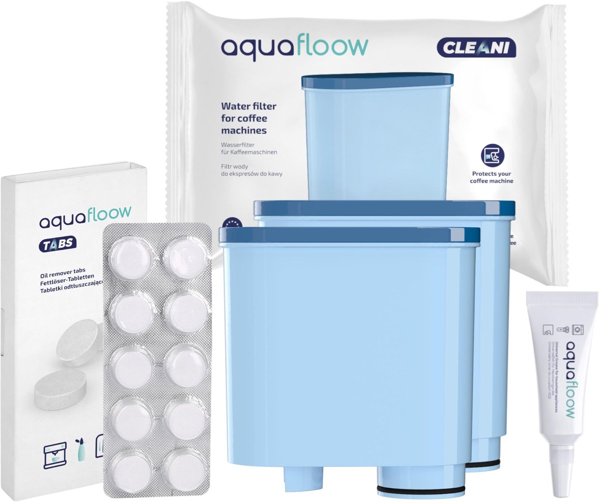 AquaFloow, set voor koffiemachines: 2x AquaFloow Cleani waterfilter + reinigingstabletten 10 x 2g + siliconenvet 5g, vervanging, compatibel met Saeco / Philips koffiemachines