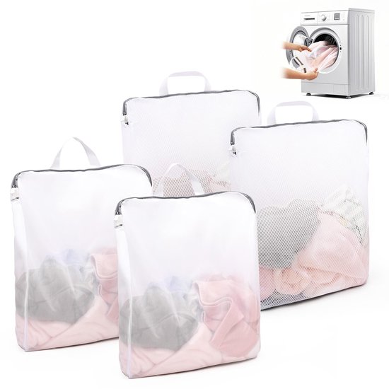 Lot de 4 filets à linge réutilisables Unyqoos® pour vêtements délicats avec poignée et deux poteaux, 50 x 60 cm
