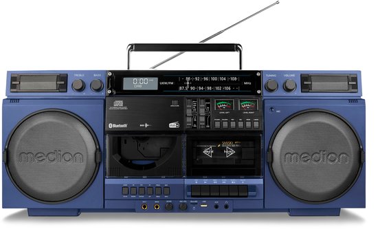 MEDION P66538 Cassetterecorder (retro boombox met cd-speler, jaren 80, groot, USB, SD, cd, cassette MC, DAB+ radio telescopische antenne, Bluetooth, cassettedeck, opnamefunctie, werkt op batterijen)