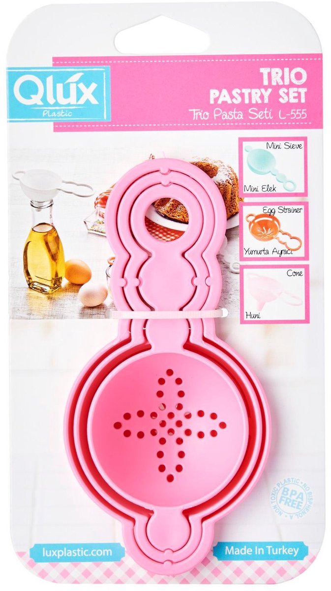 Q-Lux – Trio Bakaccessoire Set – Mini Zeef, Eierscheider en Trechter