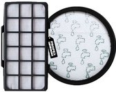 Rechthoekig HEPA filter met zwart frame en een rond filter met witte opdruk.