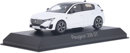 Wit model van de Peugeot 308 GT met zwart dak en sportvelgen, tentoongesteld op een zwarte voet.