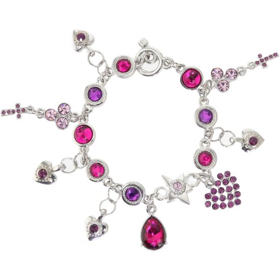 Zilverkleurige armband met ronde fuchsia en paarse steentjes, hartjes, sterretjes en kruisjes als bedels.