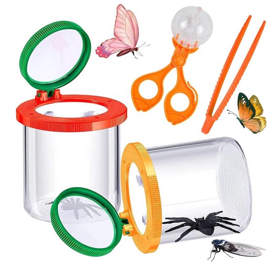 Foto: Vergrootglas voor kinderen insectenvergrootglas set van 2 observatie van insecten en bladeren rood en geel met insectenvanger en pincet educatief speelgoed voor kinderen