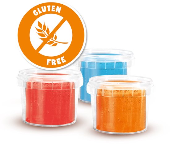 Drie potjes klei in rood, oranje en blauw, met een glutenvrij-logo.