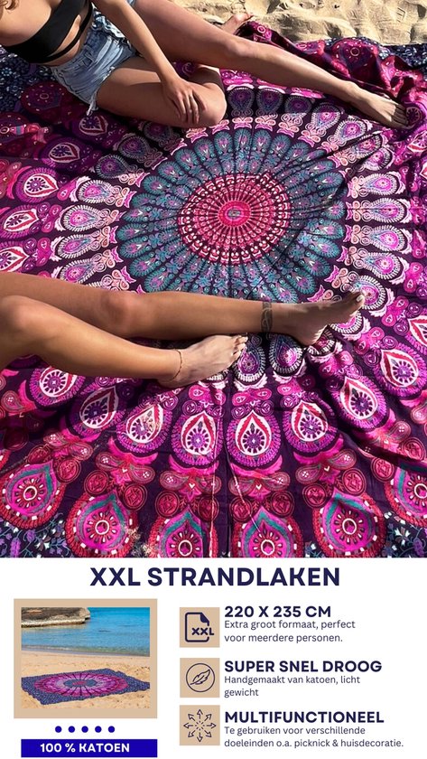 Bohemida Roundie Mandala Beachcloth 220x240cm -XXL Purple Paradise - Serviette de plage - 100% Coton Durable