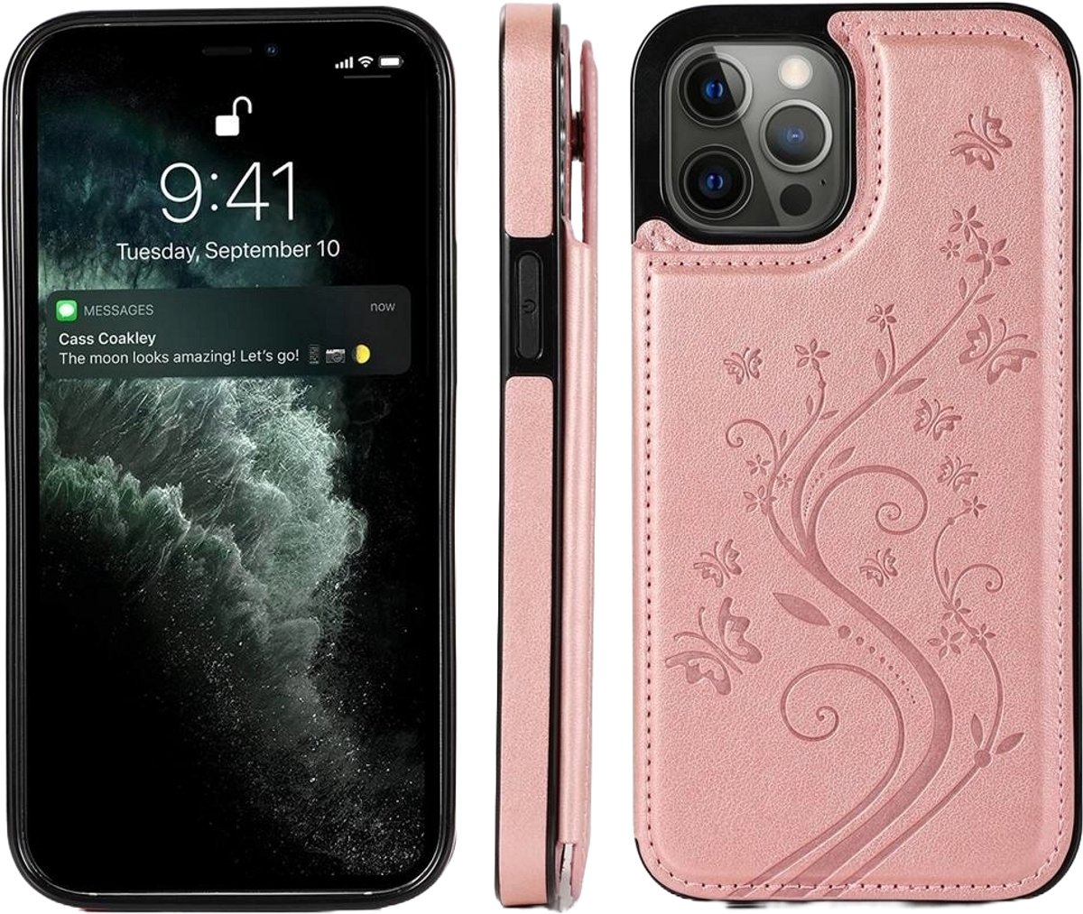 Hoesje geschikt voor iPhone 17 Pro Max - Backcover - Pasjeshouder - Portemonnee - Bloemenprint - Kunstleer - Rose Goud
