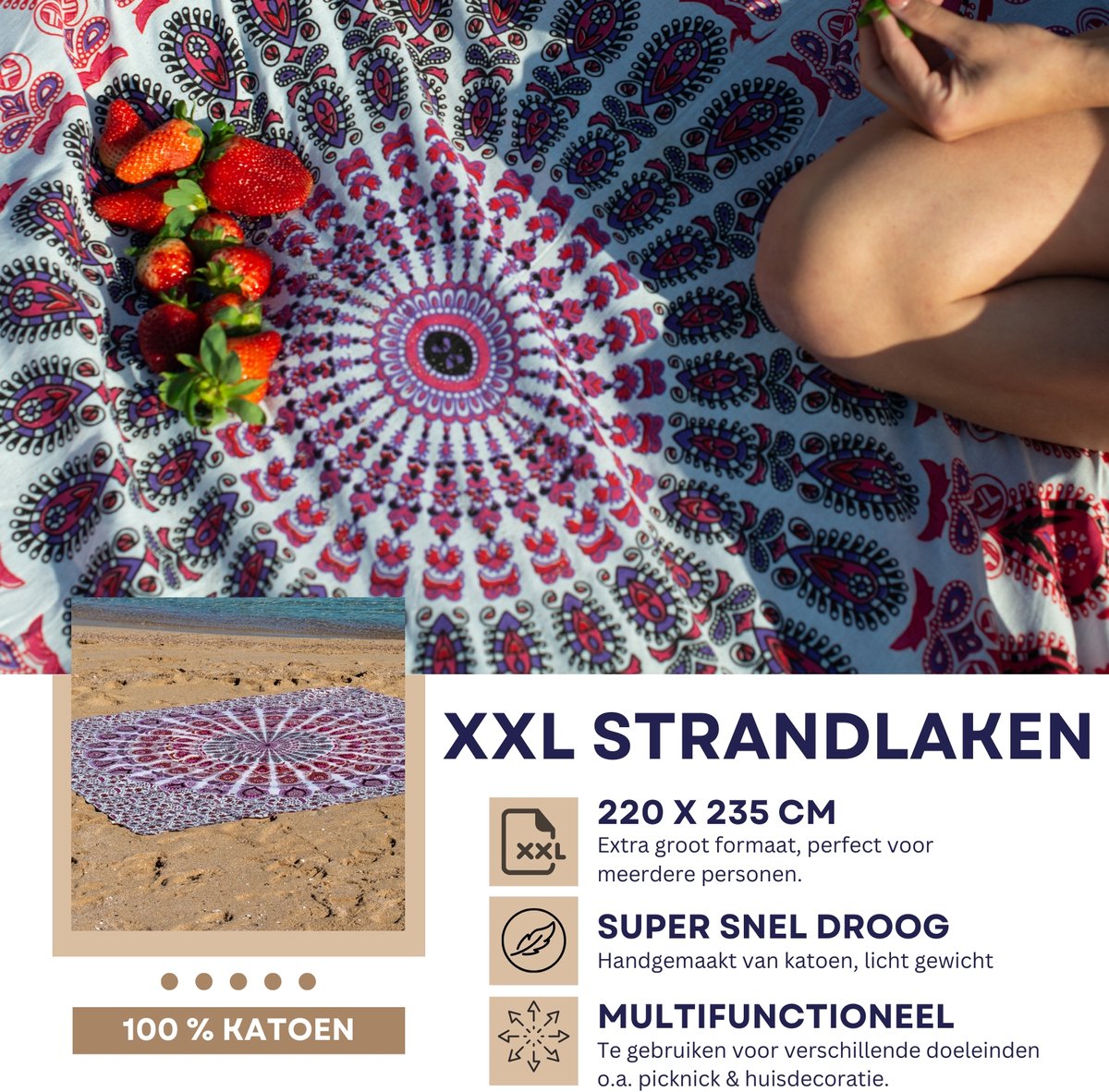 Bohemida - XXL Groot Vakantie Strandlaken -tweepersoons 220x235cm Ibiza Strandkleed - 100% Katoen - Pink Seashell ( Roze Zwart Wit)- Sneldrogende Strandlakens