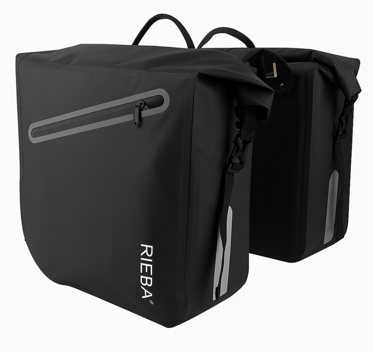 Rieba® Dubbele Fietstas 46 Liter Rolltop - Zwart - Hoogwaardig Materiaal - 100% Waterdicht - Moderne Uitstraling - Universele Bevestiging - Reflectie - Extra Voorvak - Fietstassen Stadsfiets en Elektrische Fiets