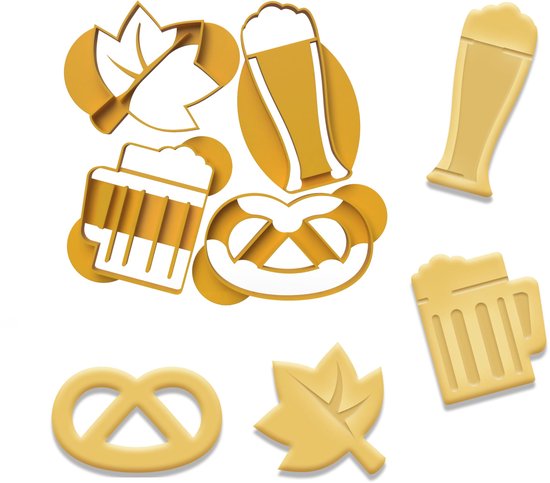 3DREAMS set van 4 Oktoberfest koekjesvormpjes - herfst koekjesvormpjes - bierhop pretzel mokken inclusief 2 recepten gemaakt van bioplastic Gemaakt in Duitsland
