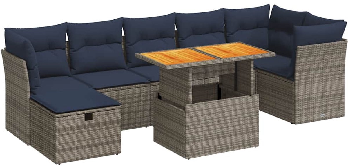 vidaXL 8-delige - Loungeset - met - kussens - poly - rattan - acacia - bruin Grijs