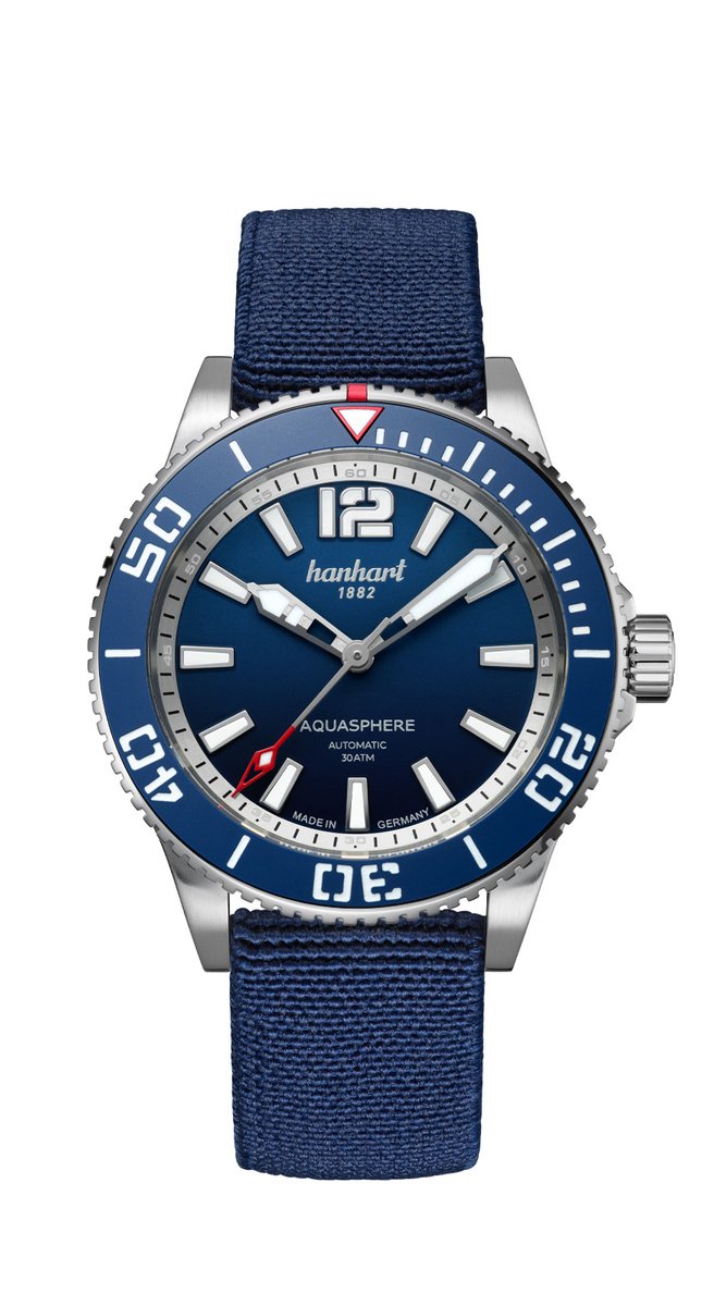 Hanhart Aquasphere Ocean Fade - Horloge - blauwe rand lunette - blauwe hook strap band - 42 mm