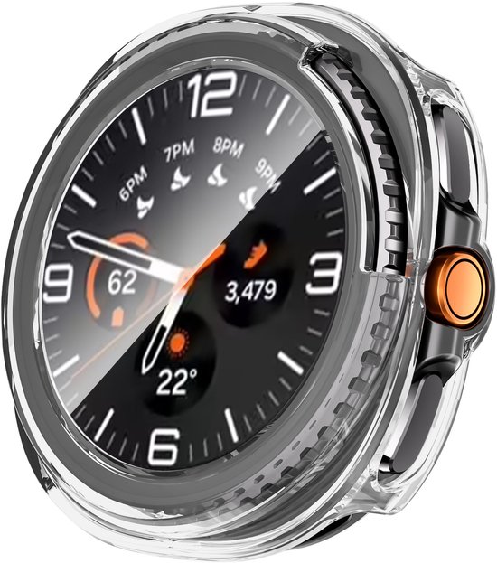 Transparante beschermhoes om een zwarte smartwatch met oranje accenten.