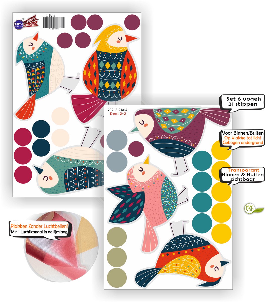 Jerma - Set 6 Vogeltjes en 31 Dots - Raamstickers – vogel ± 16x11 cm - Ø 3 cm - Zelfklevend - Vinyl