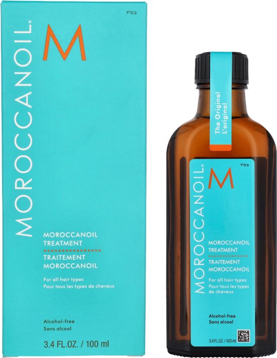 Moroccanoil Treatment fles en doos, turquoise en oranje, 100 ml.