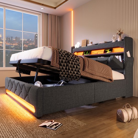 Lit double rembourré 180x200 avec ports USB et Type C - éclairage LED- lit avec coffre hydraulique - gris - sans matelas