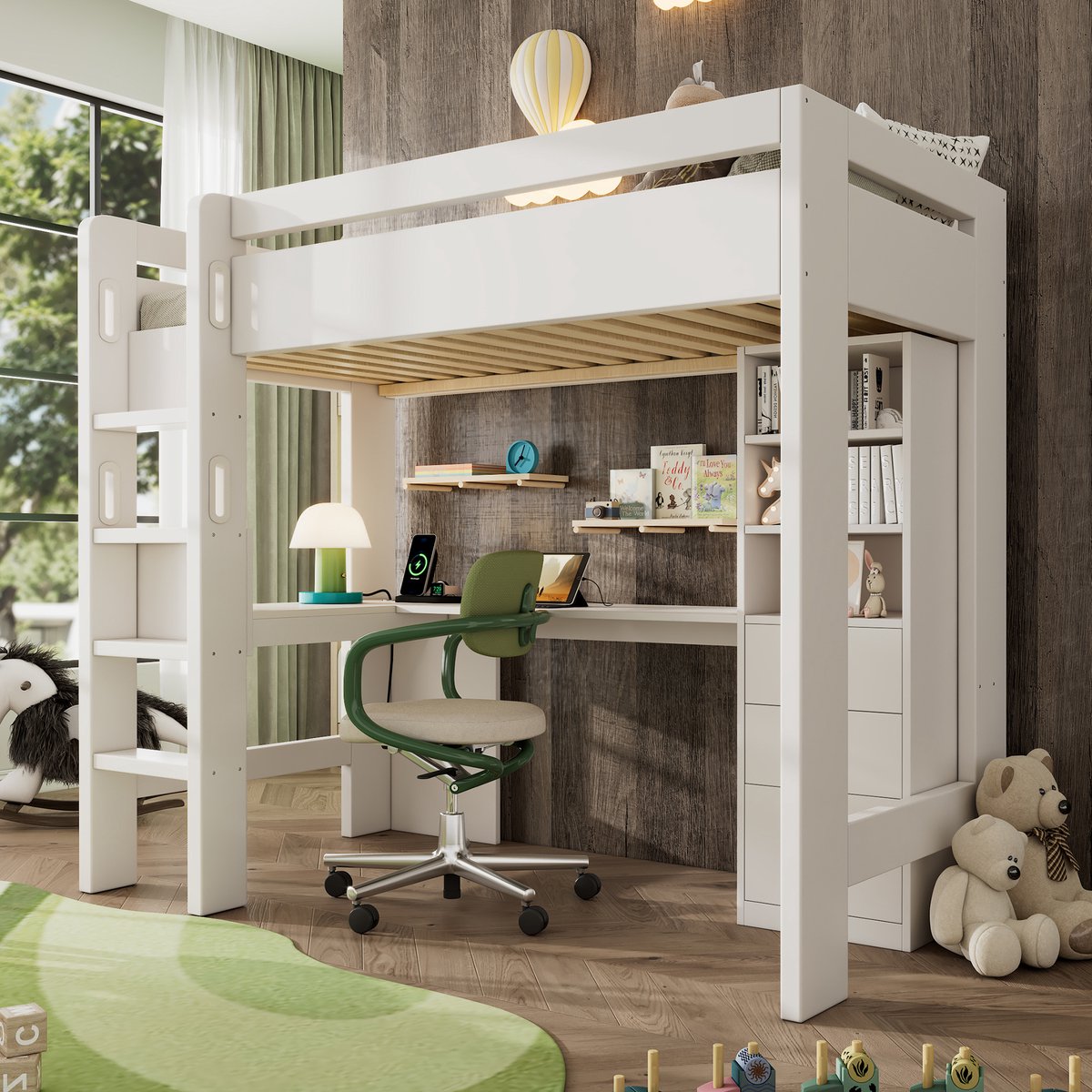Merax Hoogslaper met L-vormig bureau - planken en lades met USB/Type-C oplaadgebied - jeugdeenpersoonsbed met ladder - 90×200 cm - wit - zonder matras